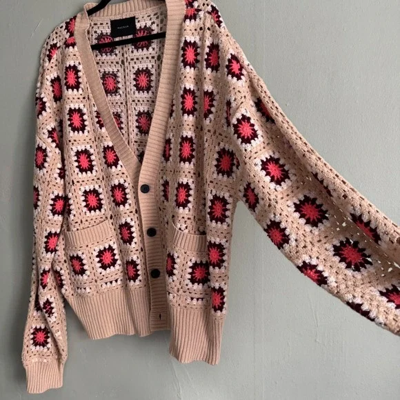 PacSun Womens Large Crochet Granny Square Cardigan Pink Tan Cotton Knit Sweater - Picture 8 of 13